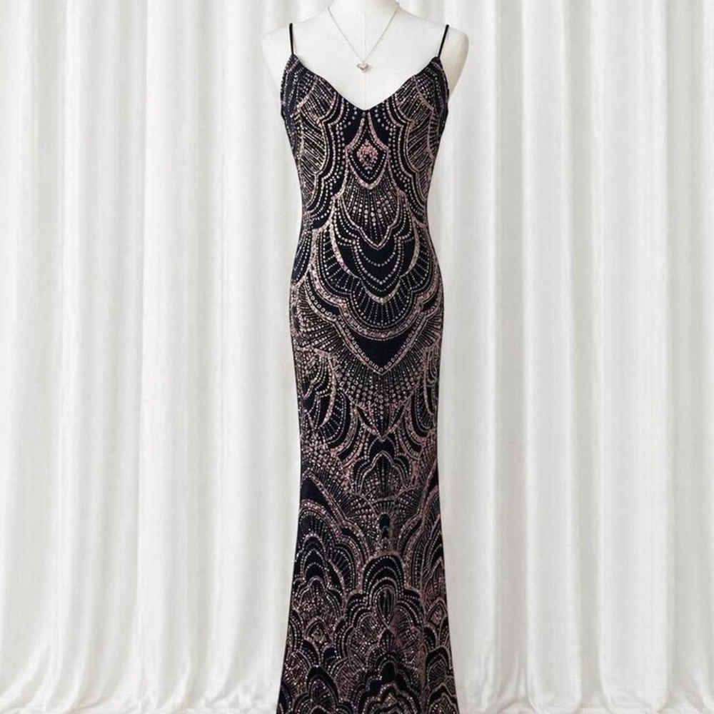 Y2K black shimmer beaded maxi dress